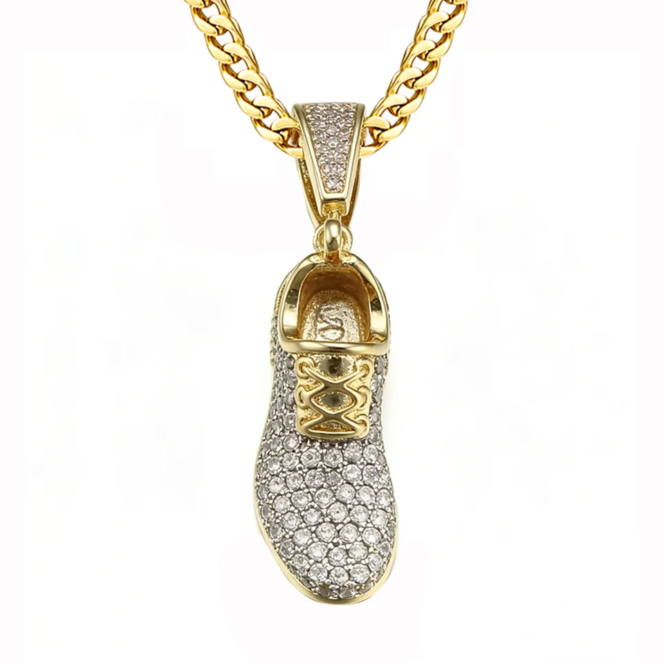 VANAXIN Punk Sneaker Shoes Pendants Necklaces for Men Shiny Mini 14k Gold Plated Hip Hop CZ Zircon Women Jewelry 24'' chain
