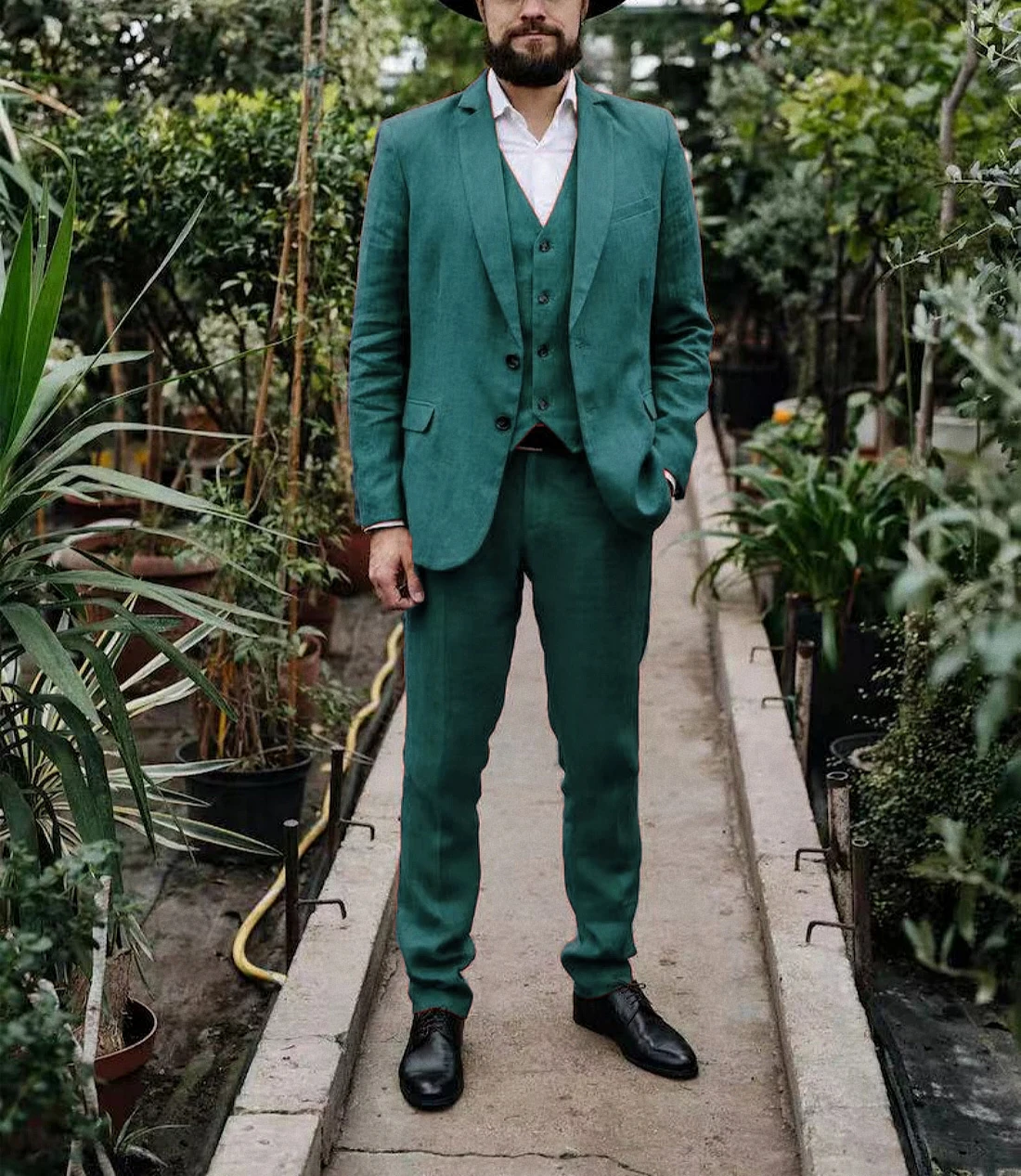 Fashionable Linen Men's 3 piece suit set Suit jacket pants vest Spring Summer countryside style wedding dress suit