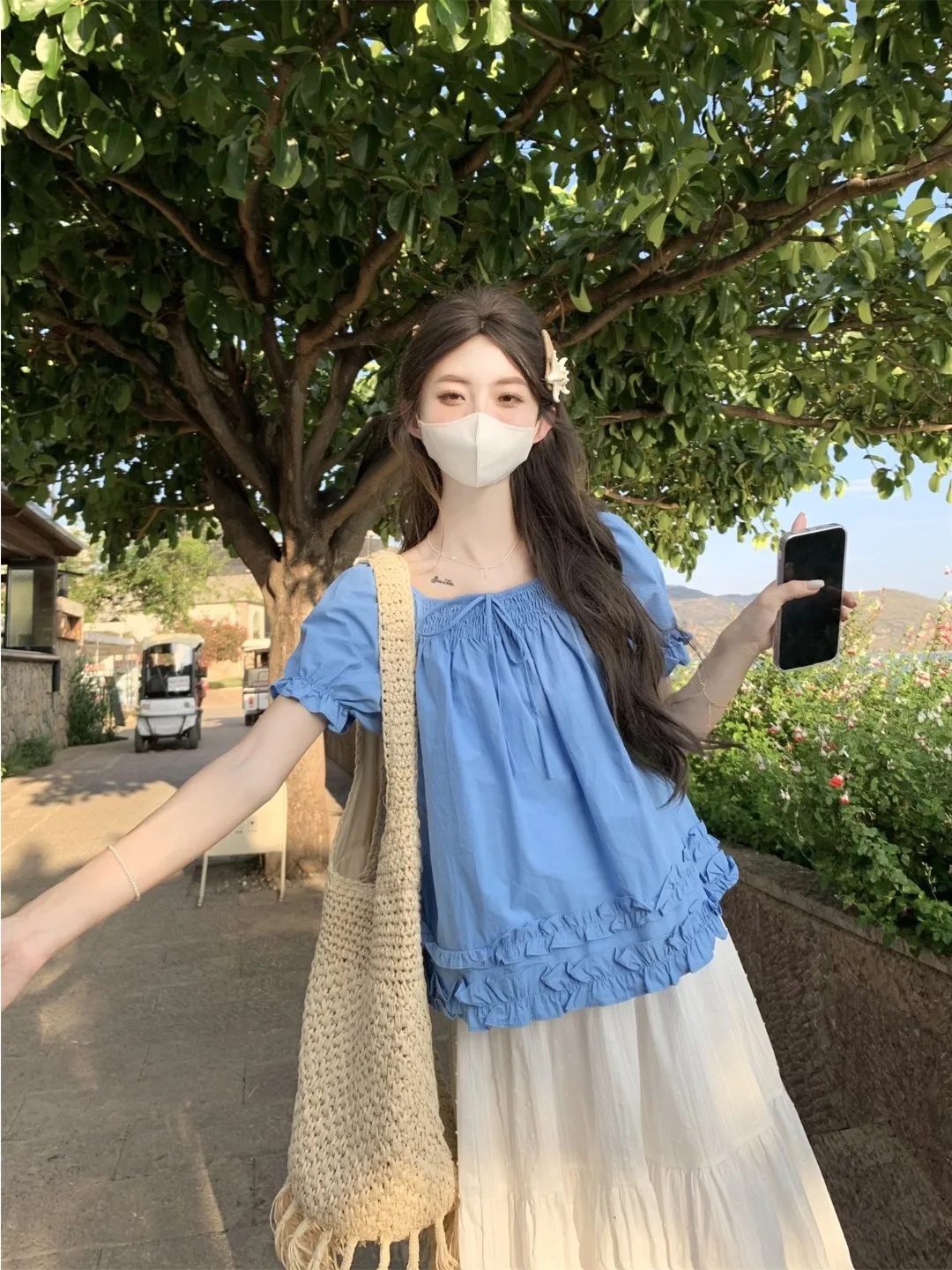 

Sweet Loose Women's Shirt Spring 2026 New Style Bow Tie Square Collar Short Sleeve Bubble Sleeve Korean Style Commute Wind