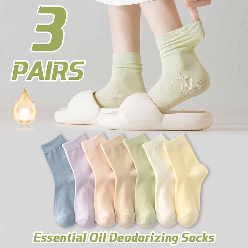 3 Pairs of Women's Cotton Solid Color Simple Essential Oil Anti Odor Mesh Breathable Fashionable Casual College Style Tube Socks