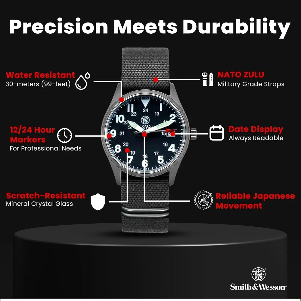 Military Style Watch for Men, 3 Interchangeable Canvas Straps, 3 ATM Water Resistant, Date Display, Scratch Resistant Glass, 40mm