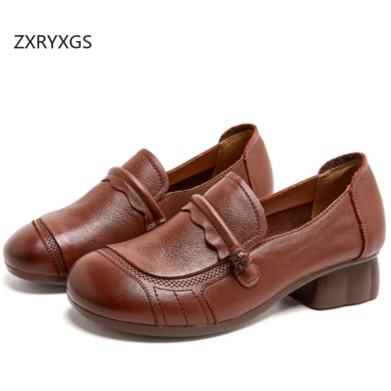 ZXRYXGS Most Popular 2026 Retro Style Top Cowhide Women Middle Heel Shoes Comfortable Elegant Fashion Shoes Banquet Trendy Shoes