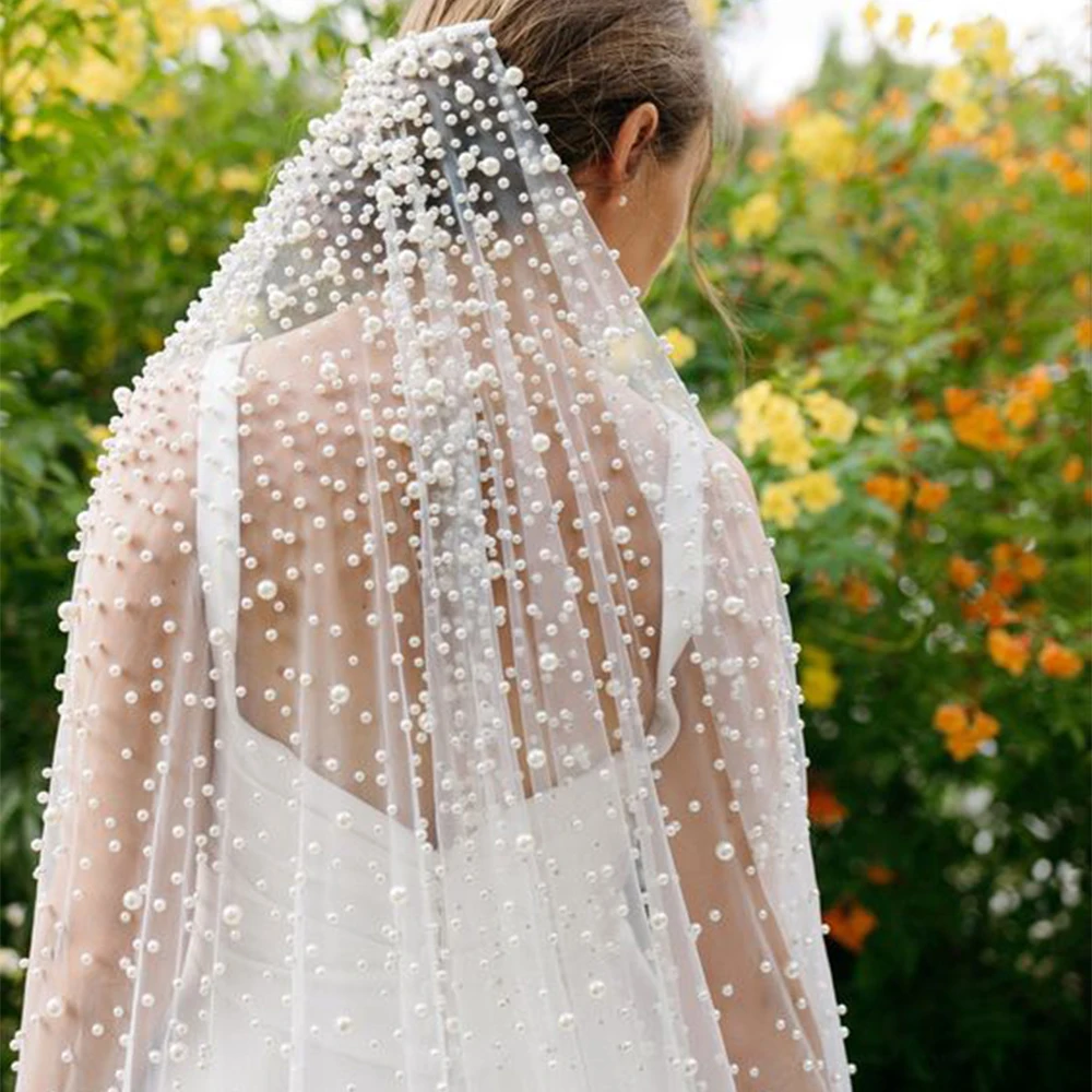 Luxury Cathedral 3/4/5M Long Wedding Veil With Pearls High End Beaded 1 Tier Pearl Veil Bridal Hair Accessories VP113