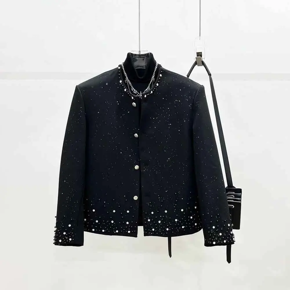 

Мужская осенняя куртка из золотой фольги со стразами и жемчугом, стеганая куртка на плечо, уличная модная блестящая модная повседневная мужская куртка со звездным небом