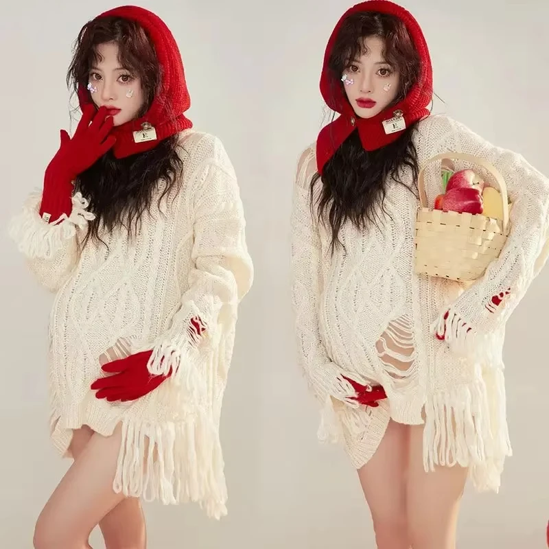 Women Photography Props Christmas Maternity Dresses Pregnancy White Crochet Dress Red Hat Gloves 3pcs Studio Photo Shoot Clothes
