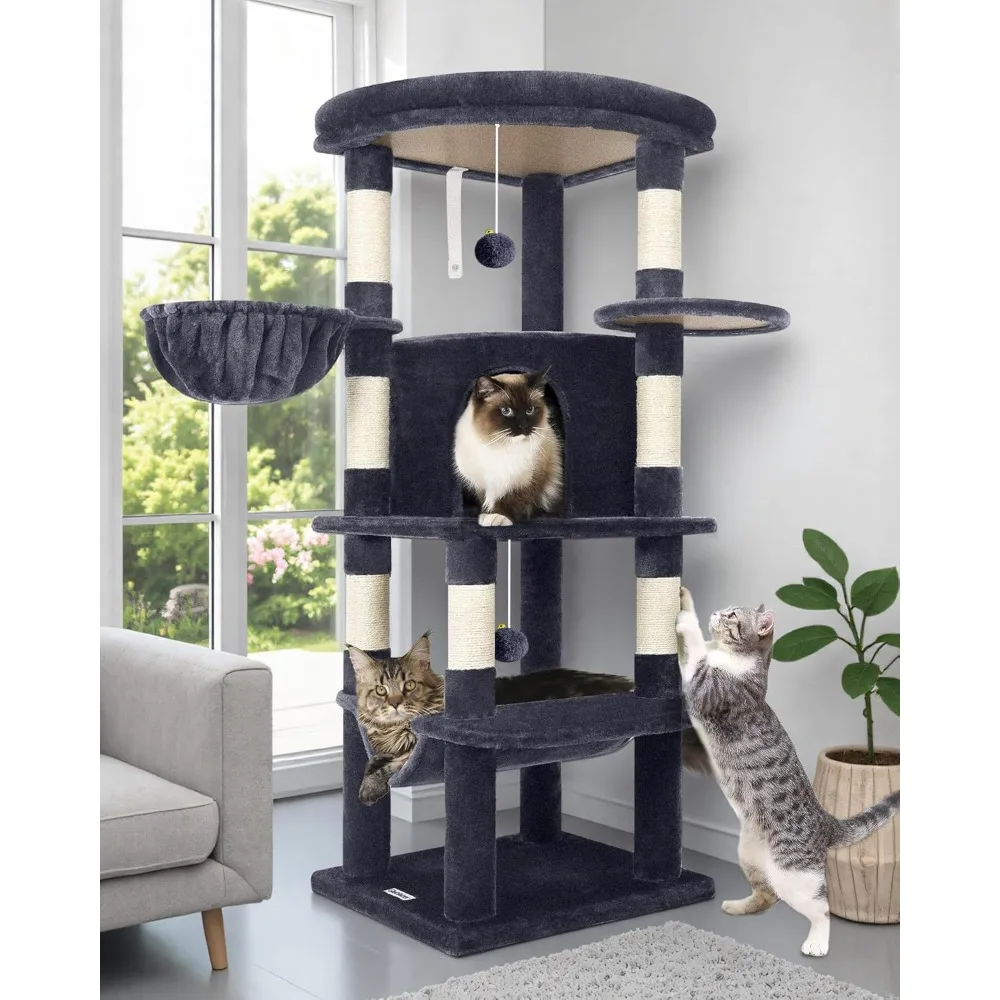 

Corner Cat Tree Condo for Indoor Cats, 51in Curved Series Multi-Level Corner Cat Climbing Tower for Large Cats Adult with Hammoc
