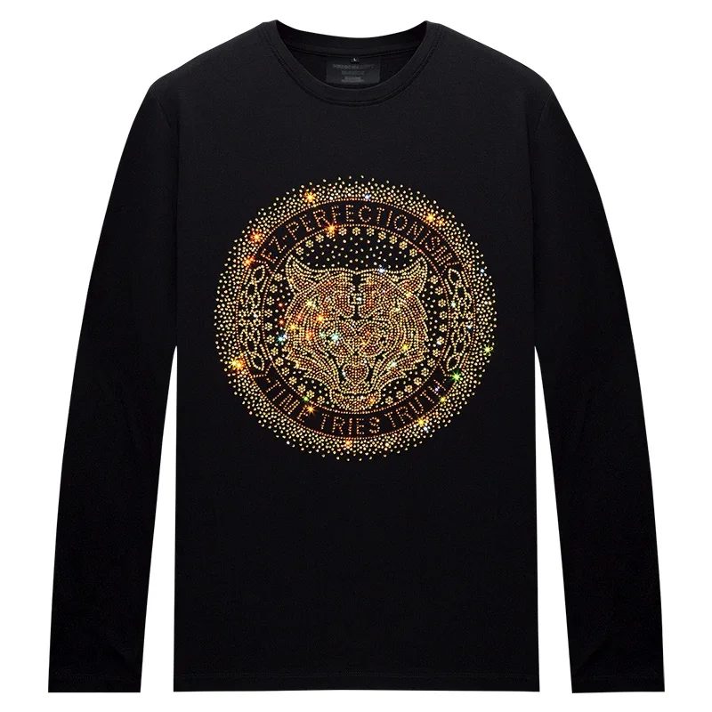 Plus Size High Quality Tiger Rhinestones T Shirt Men Clothing Fashion Trend O Neck Long Sleeve Slim Casual Mens Animal T-shirts