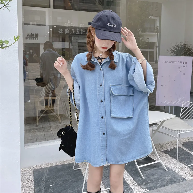 

2023 Spring New Korean Fashion Simple Loose Mid-length Vintage Classics All-match Short Sleeves Denim Shirt For Women Tops Z166