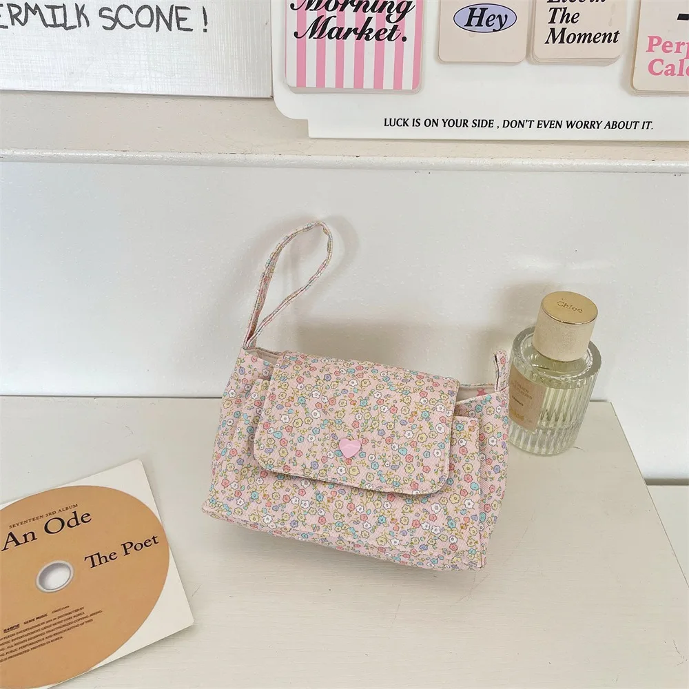Print Floral Makeup Bag Flower Soft Cotton Cosmetic Pouch Double Pockets Fabric Handle Layered Storage Bag Cute Gift