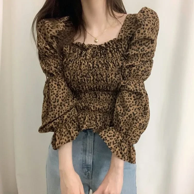 New Fashion Leopard Printing Blouse Women Long Puff Sleeve Women\'s Shirts Square Collar Woman Tops Chic Lady Clothes 8197