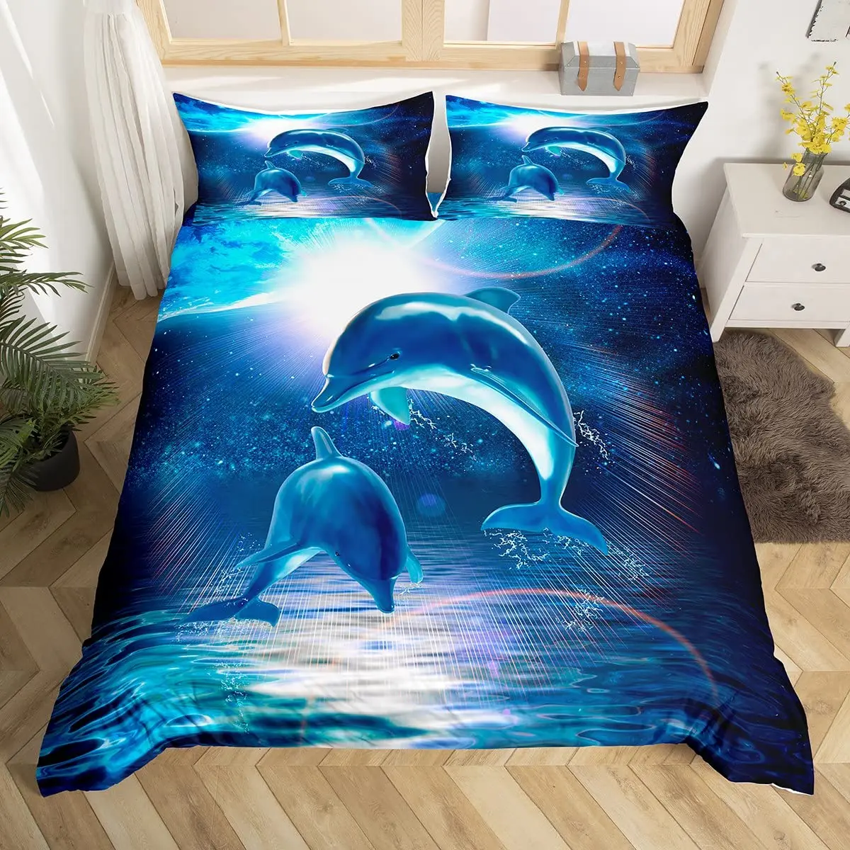 

Dolphin Bedding Set 3pcs for Kids Girls Ocean Rainbow Cloud Decor Comforter Cover Underwater Animal Duvet Microfiber Cover Set