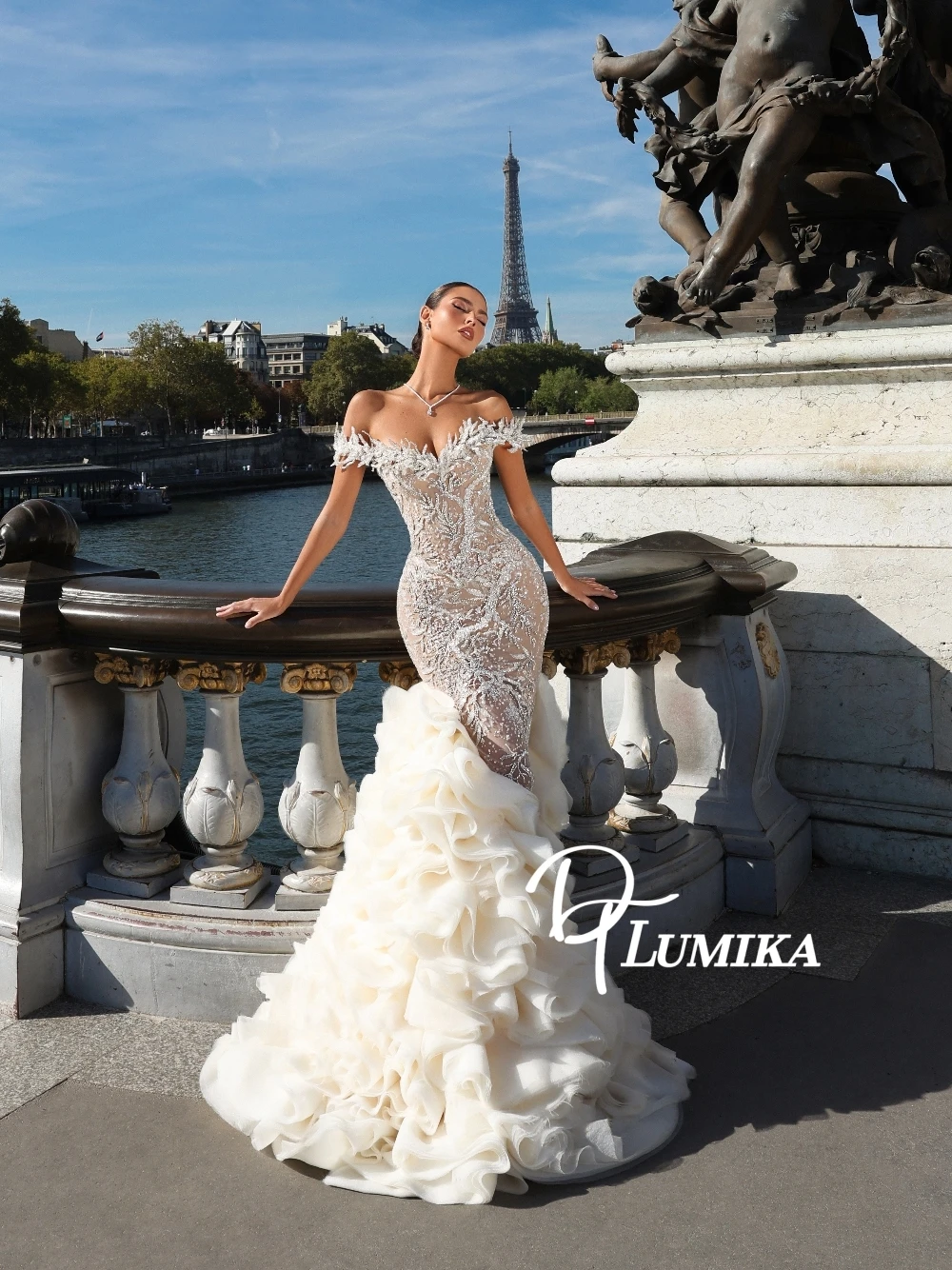 Heavy Beaded Crystal Wedding Dress With Big Ruffles Train Shiny Opulent Mermaid Bridal Gown Customized Off Shoulder Photoshoot
