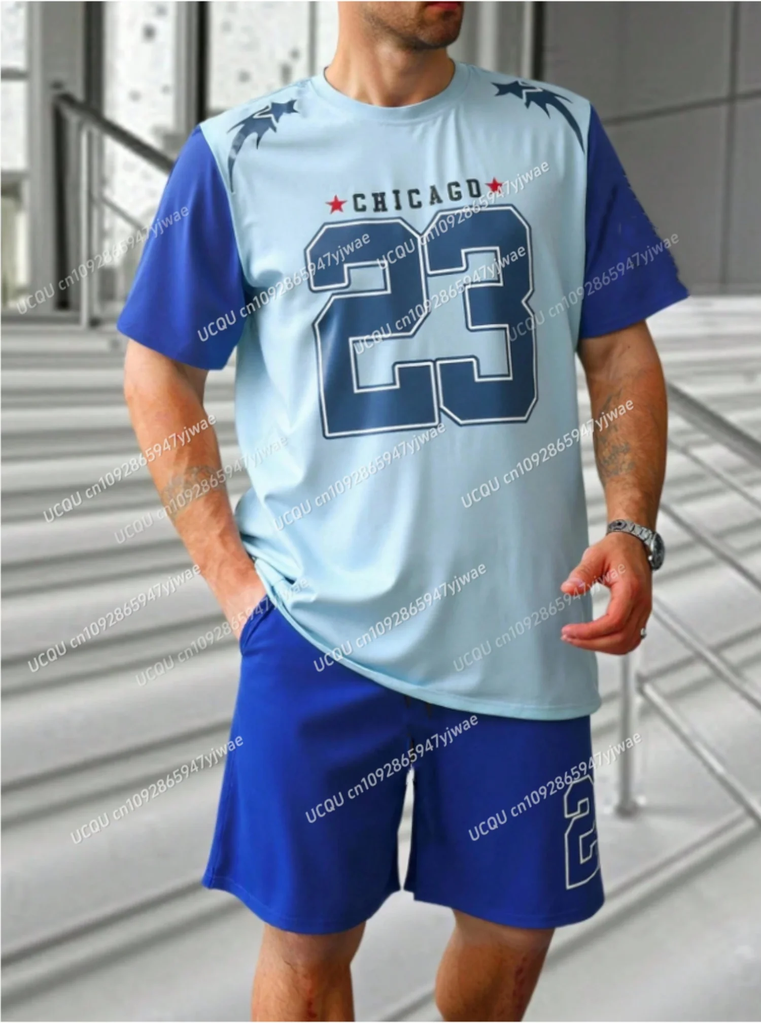 

2025 Summer Color blocked Chicago No.23 Men's Tracksuit 2 Pieces Set Casual Sport T-Shirt Shorts Set Men's Jogging Men Clothes