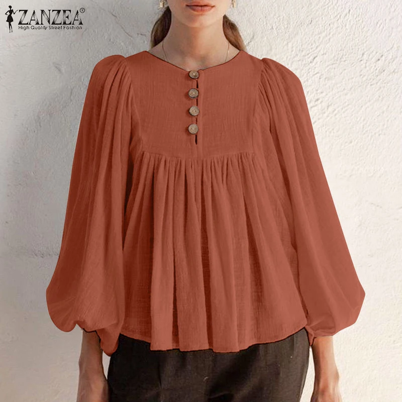 

ZANZEA 2022, женская модная блузка с длинными пышными рукавами, однотонные рубашки, осенняя туника, топы, повседневные свободные плиссированные шикарные блузки оверсайз