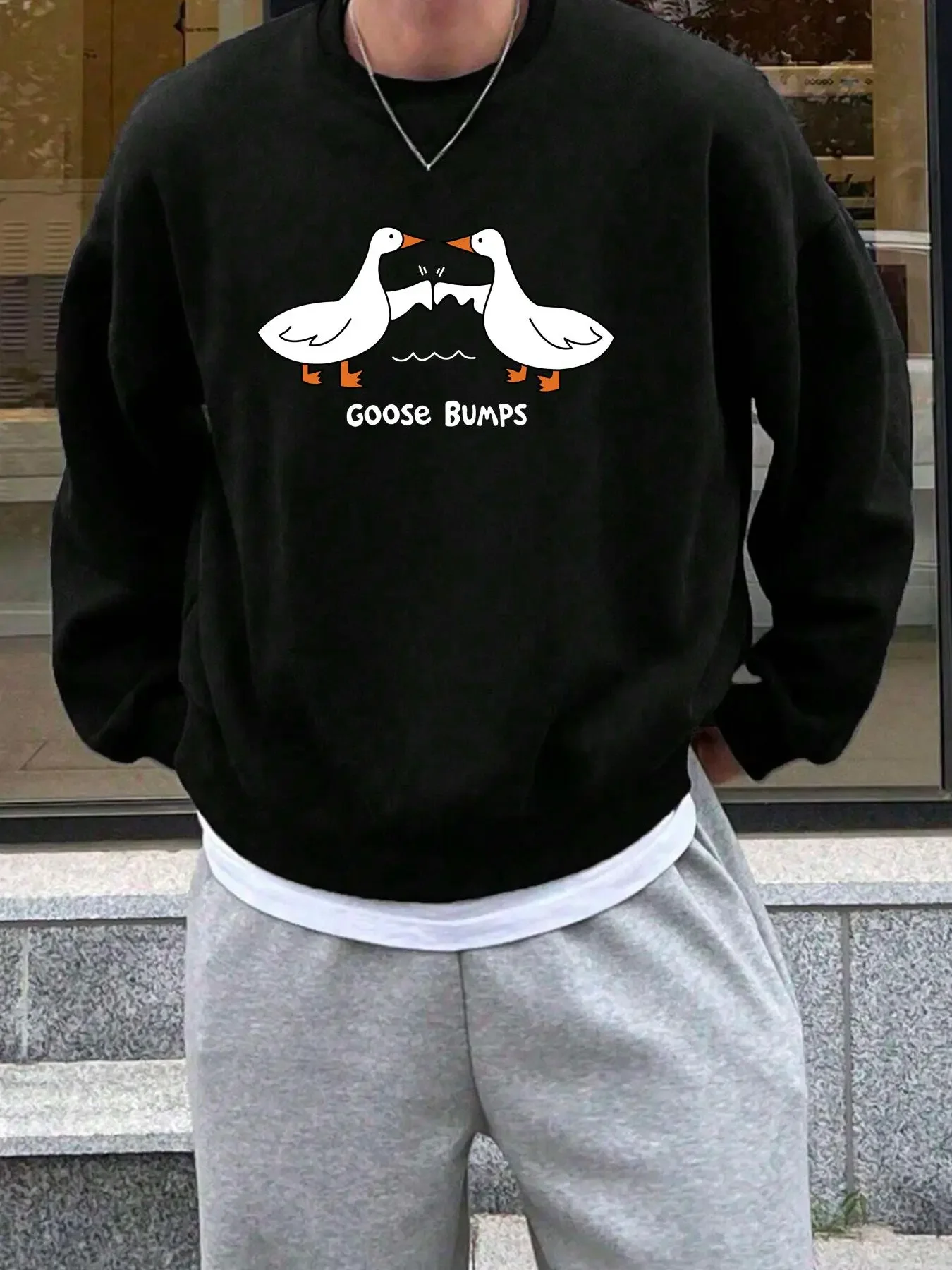 Unisex's Letter & Goose Print Drop Shoulder Cozy Sweatshirt, Casual Loose Long Sleeve Round Neck Pullover for Fall & Winter, Daily Wear Clothes for Men & Women