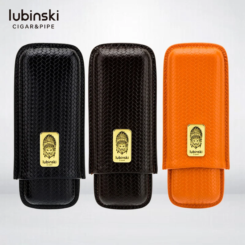 

Lubinski Wove Style Pattern Embossed Leather Cigar Case Holder 2 Tube Portable Mini Cigar Humidor Cigarette Storage