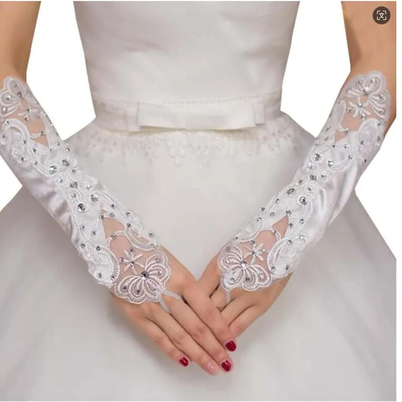 Guantes de novia sin dedos con diamantes de imitación bordados para mujer, longitud del codo, párrafo, accesorios de boda