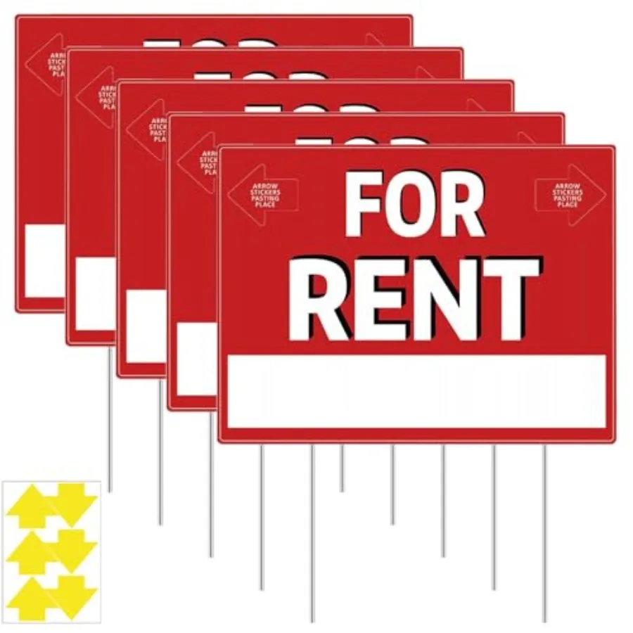 Paquete de 5 letreros de alquiler de 12 x 16 pulgadas con soporte, letreros de jardín de doble cara de plástico corrugado con flecha direccional