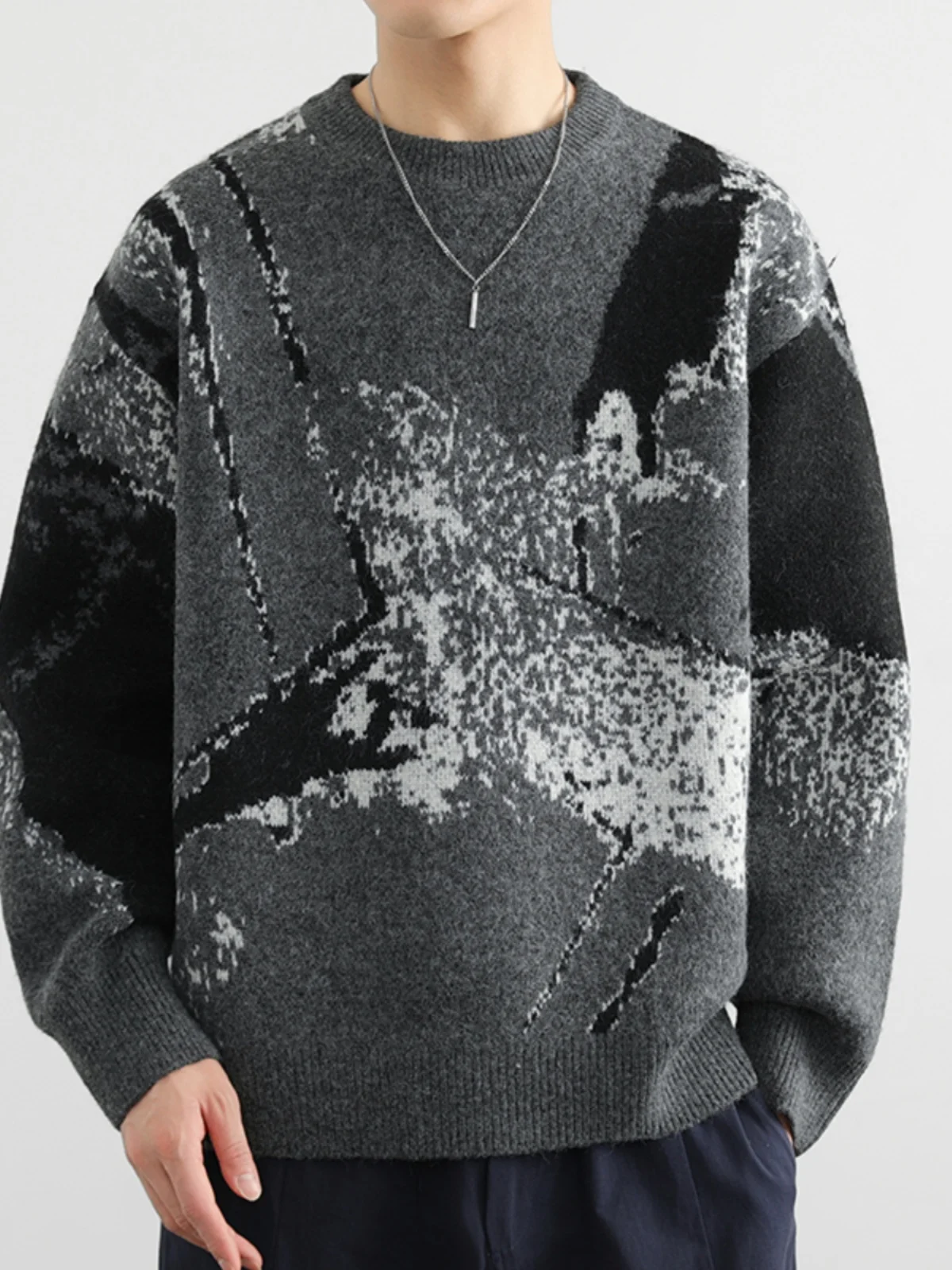 2025 Autumn Winter New Men's White Casual Pullover Sweater High-end Design Dark Gray Round Neck Long Sleeve Knitted Sweater