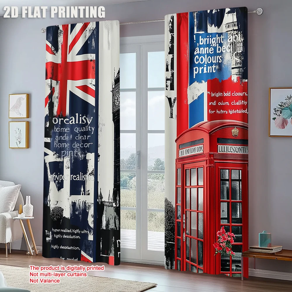 2pcs, spring summer Curtains London Big Ben Phone Booth Yarn Curtains Durable 100% Polyester Fabric Holiday Ldeal for Kitchen