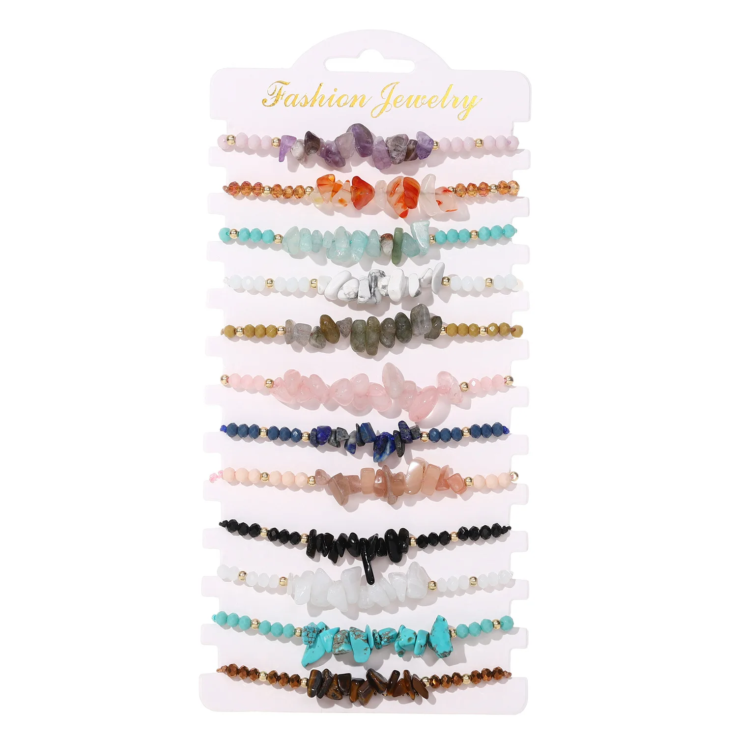 12pcs Hand-woven Natural Stone Beads Bracelet Adjustable Irregular Crystal Gravel Beads Bracelet Hand Chain Charm Jewelry Gift