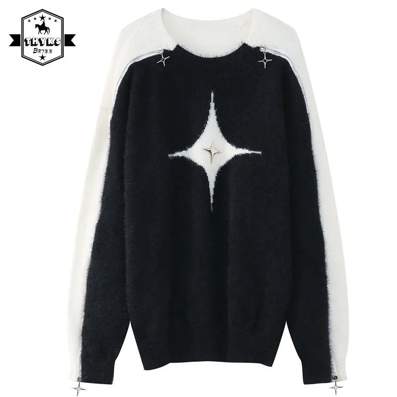 

Y2K Vintage Black Knit Sweater Men Harajuku Star Color Block Knitted Jumper Women Retro Slash Neck Off Shoulder Pullover Unisex