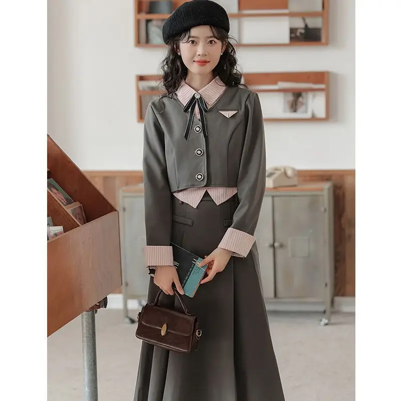 Grey Suit Patchwork Fake Two-piece Jacket Grey Pleated Skirt Set Sweet Temperament Set