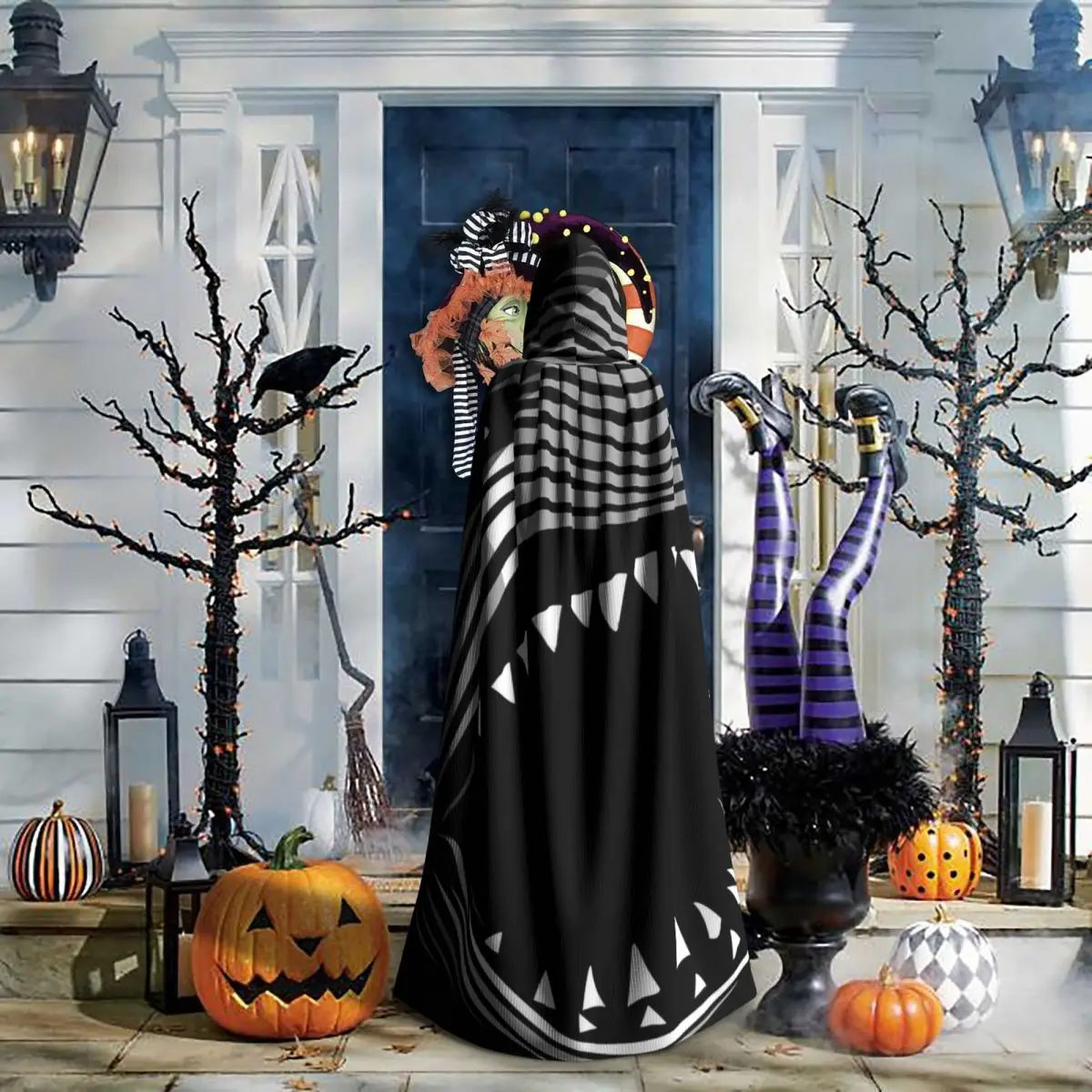 Lines Killer Shark Hooded Cloak Halloween Party Cosplay Woman Men Adult Long Witchcraft Robe Hood