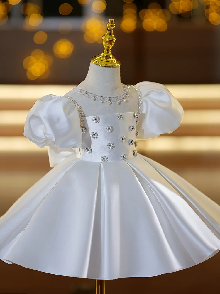 2024 Dresses for Elegant Party Girls Kids Beading Satin White Dress for Christening Infant Flower Girl Ball Gown for Weddings