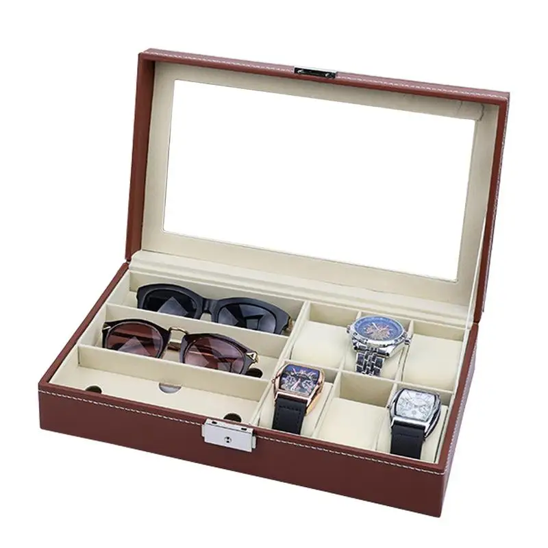 

Watch Display Case PU Leather Glasses Case Sunglasses Display Storage Box with Clear Viewing Window for 6 Watch 3 Glasses