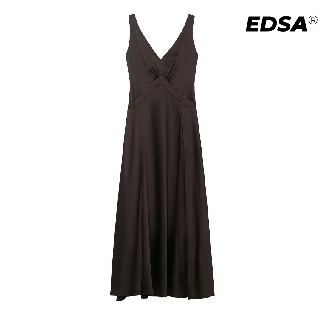فستان EDSA نسائي من الساتان متوسط الطول بخصر عالٍ مع أشرطة واسعة فساتين طويلة بدون ظهر لقضاء العطلات النسائية