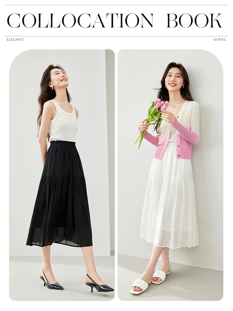Vimly Black Elegant A-line Women's Midi Skirt 2024 Spring Simple Elastic Waist Solid Thin Female Skirts Women's Clothing M6079