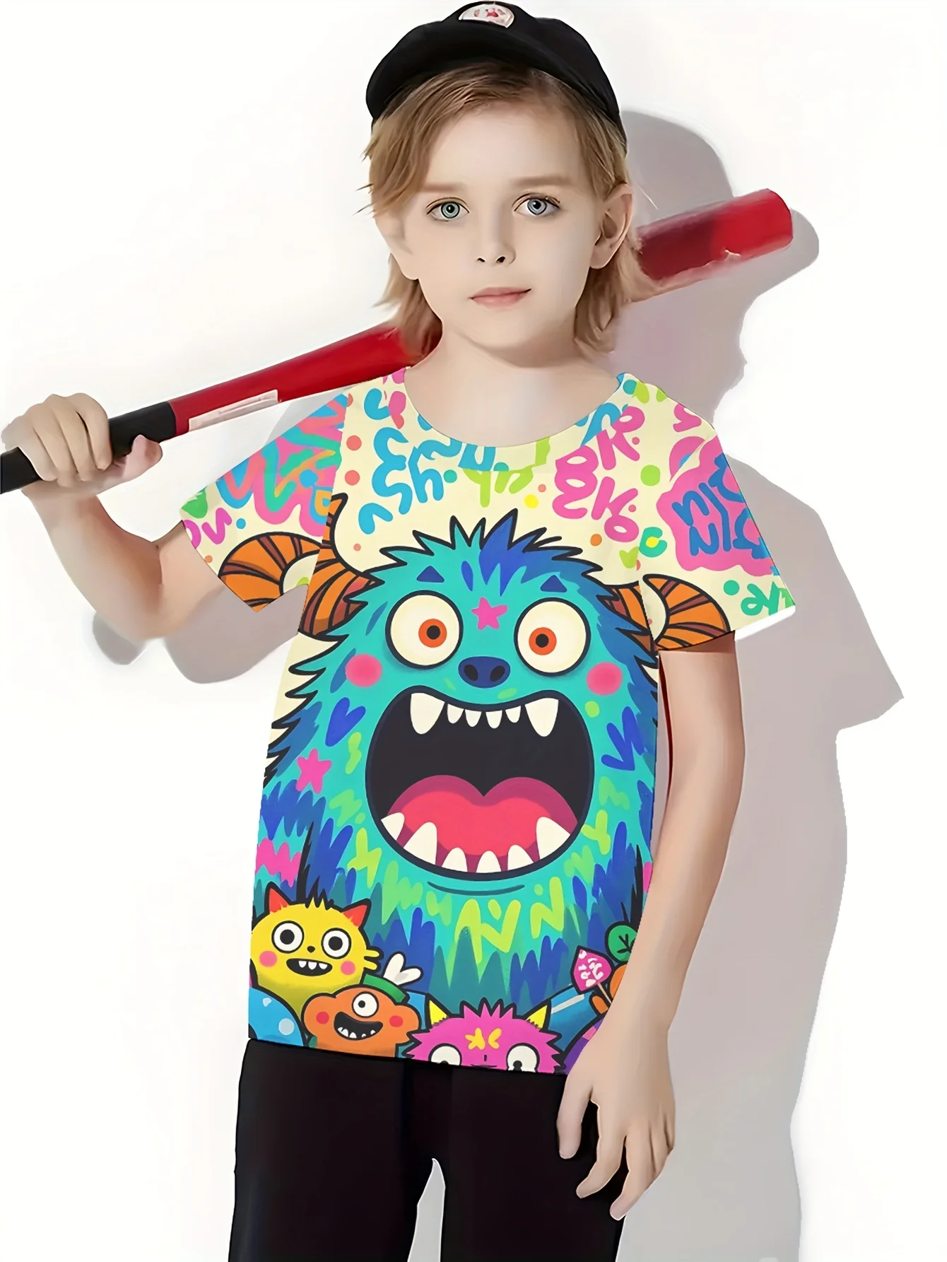Kids Boys Cute Monster Graphic Tshirt, Bright Multicolored Cartoon Creature Print Short Sleeve Tops