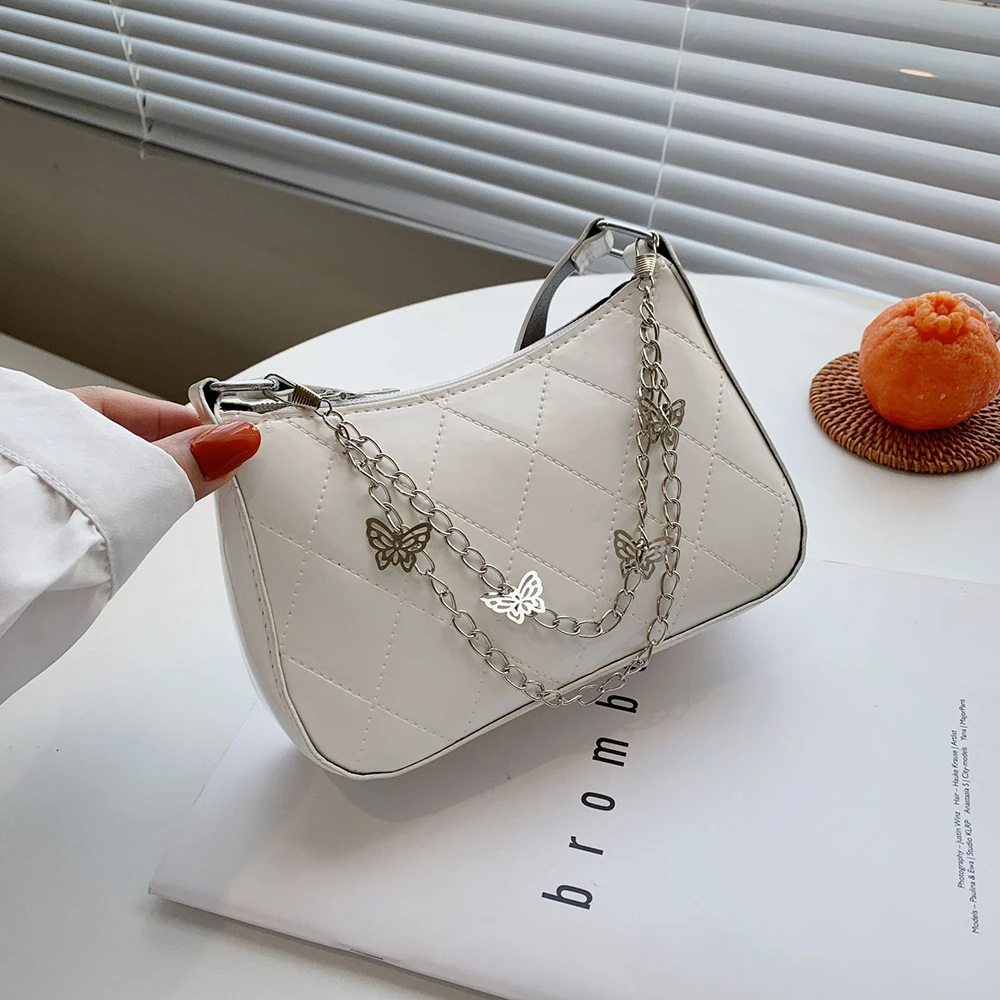 Diamond Pattern PU Leather Shoulder Bag Butterfly Chain Decor Purse Solid Color Single Bags Classic Design Retro Style Pack