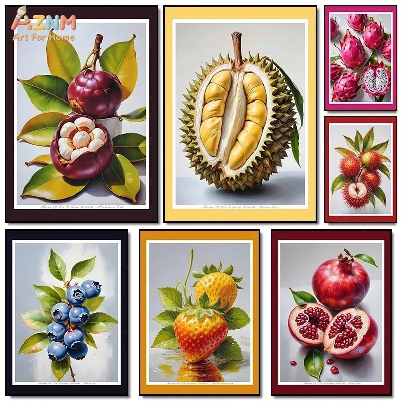 AZNM Tropical Fruit Canvas Wall Art Durian Mangosteen Dragon Fruit Rambutan Blueberry Strawberry Pomegranate Realistic Food Prin