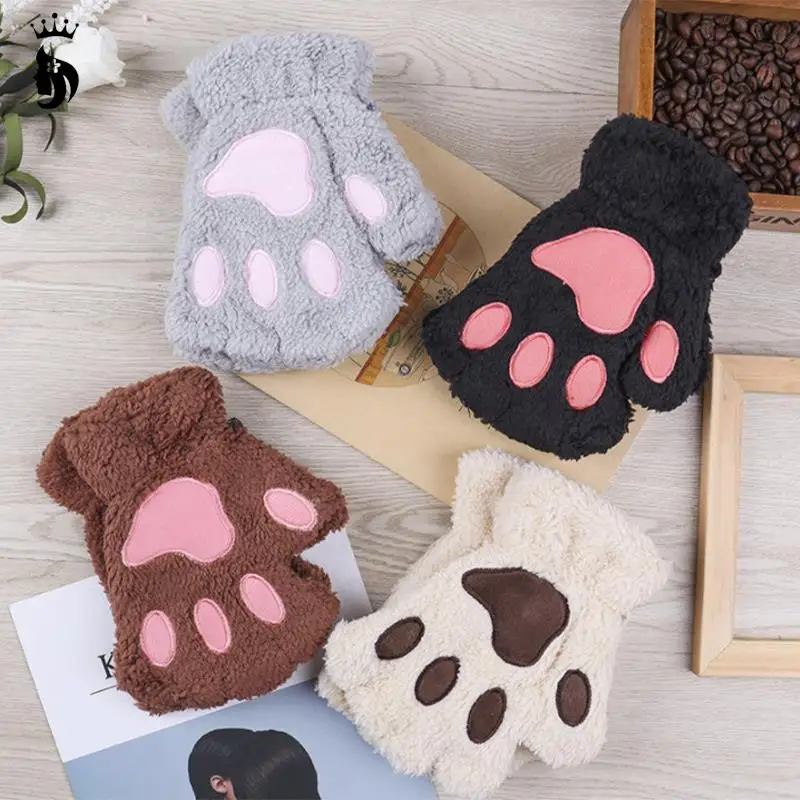 Cute Winter Warm Half Finger Gloves,cartoon Cat Paw Thicken Fuzzy Plush Mittens,embroidery Fingerless Hand Warmer