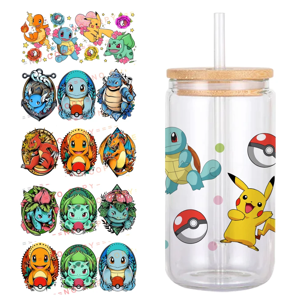 Japanese Cartoon Pokemon Pikachu Pattern UV DTF Transfer Sticker Waterproof Transfers Decals For 16oz Glass Cup Wrap Stickers