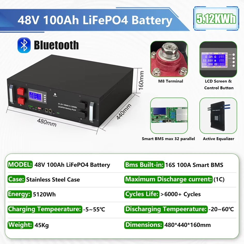 LiFePO4 48V 300Ah 15Kwh batterij 51,2V 100Ah 200Ah 120Ah 150Ah lithiumbatterij 6000 cycli 48V zonne-energieopslag Akku EU-VOORRAAD