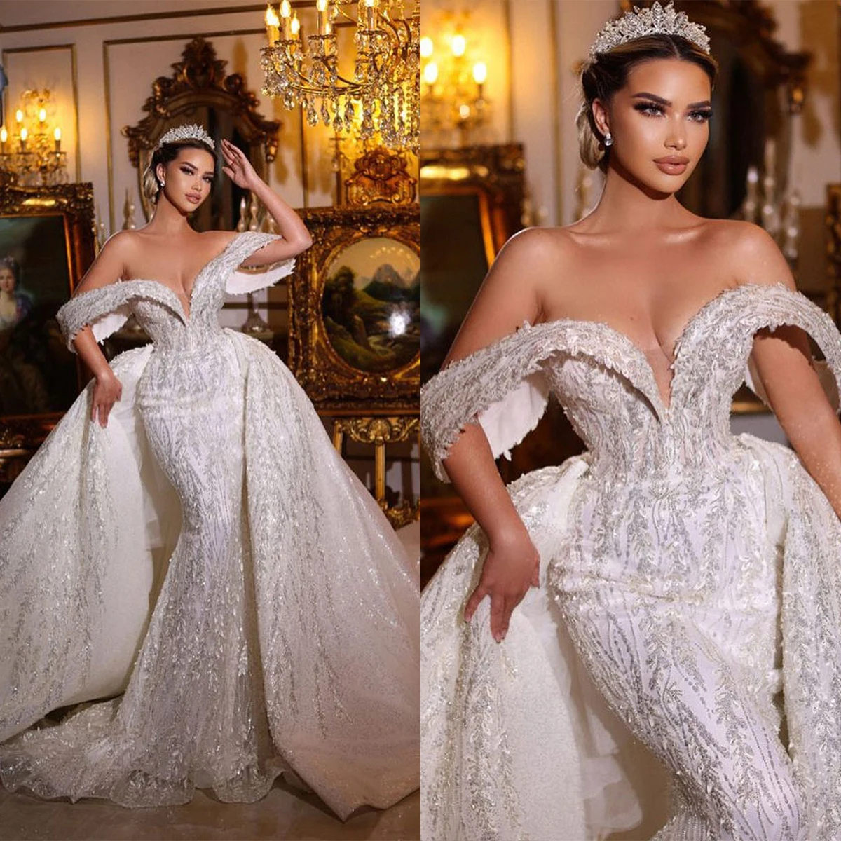 رائع حورية البحر فستان الزفاف قبالة الكتف مشرقة شريط المتقدمين مصلى ثوب مخصص حجم كبير Vestidos دي نوفيا