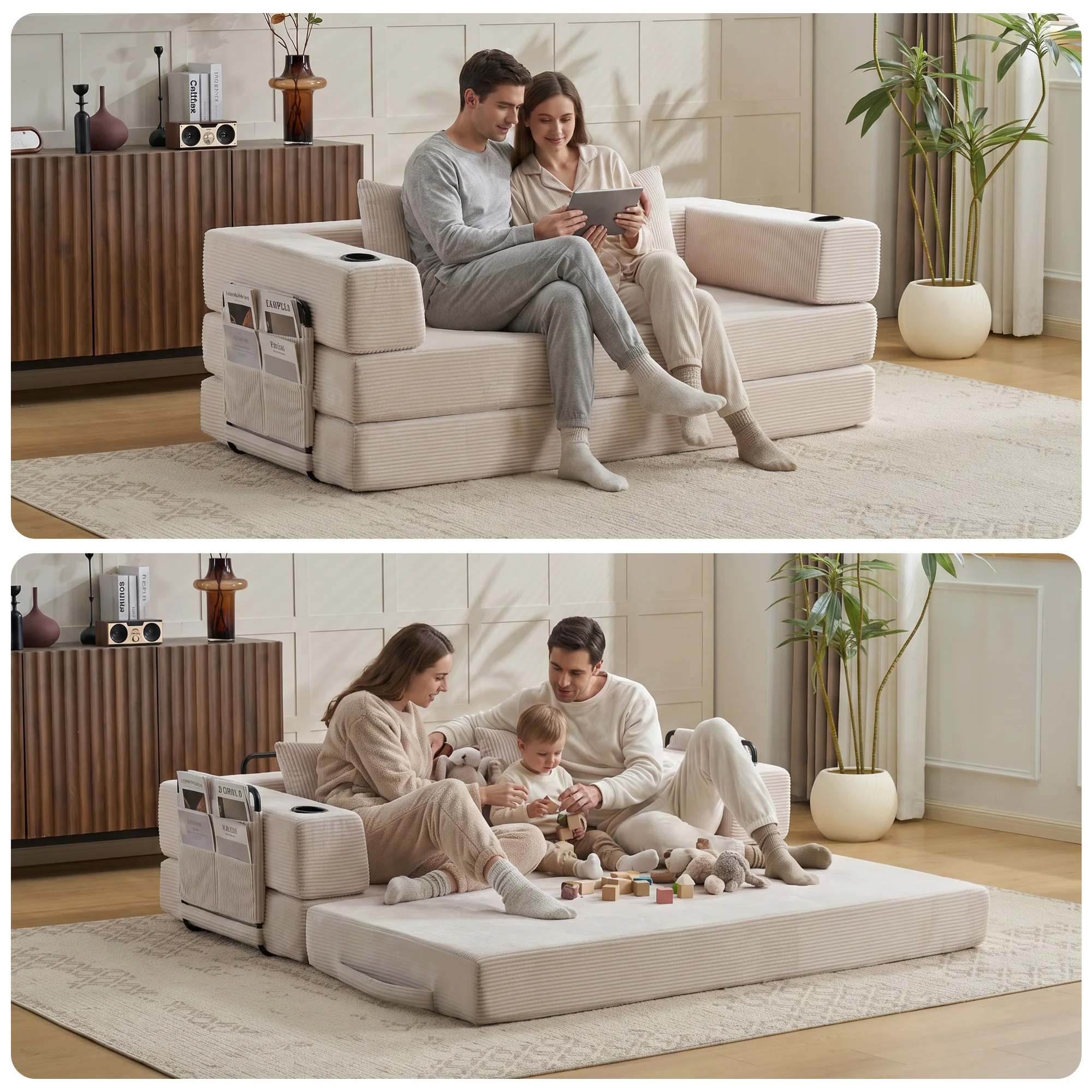 2-in-1 faltbares beiges Cord-Schlafsofa, DIY-freie Kombinationsmöglichkeit, Bodenmatratzen-Couch mit integrierten Getränkehaltern und Aufbewahrungstaschen, ergonomische Rücken-, Taillen- und