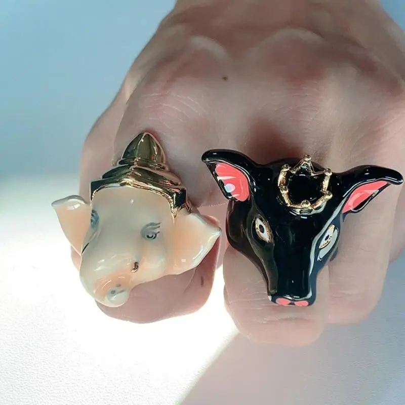 31BB Unique Enamel Animal Rings Finger Jewelry Metal Texture Suitable for Multiple Finger Stacking Artistic Hand Decoration