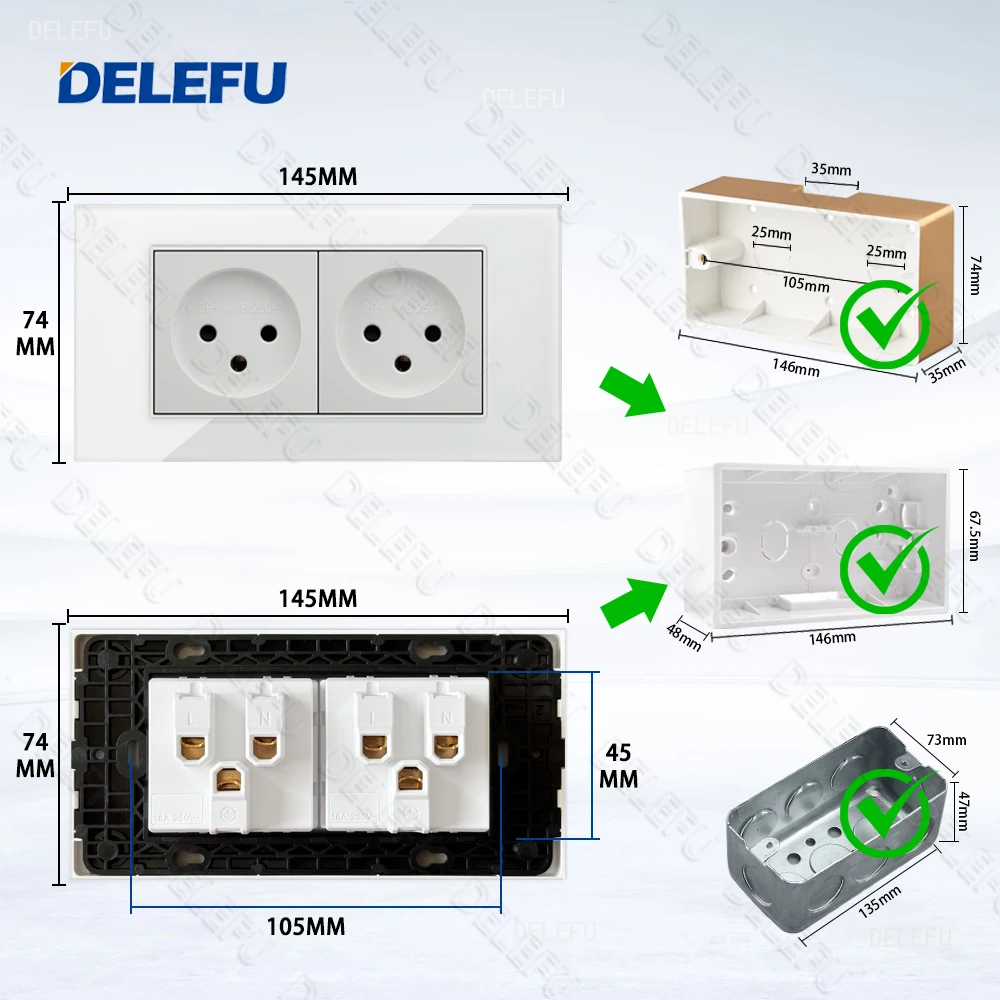DELEFU Glass SC70 Panel 145mm White Israeli Standard USB C-type Fast Charging Wall Socket Switch TV Phone CAT5 CAT6