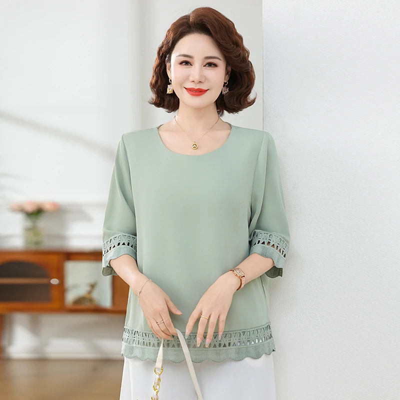

Elegant Fashion Female Clothes Loose Casual All Match Blouses Shirts Tops Women Solid Hollow out half sleeve Tees