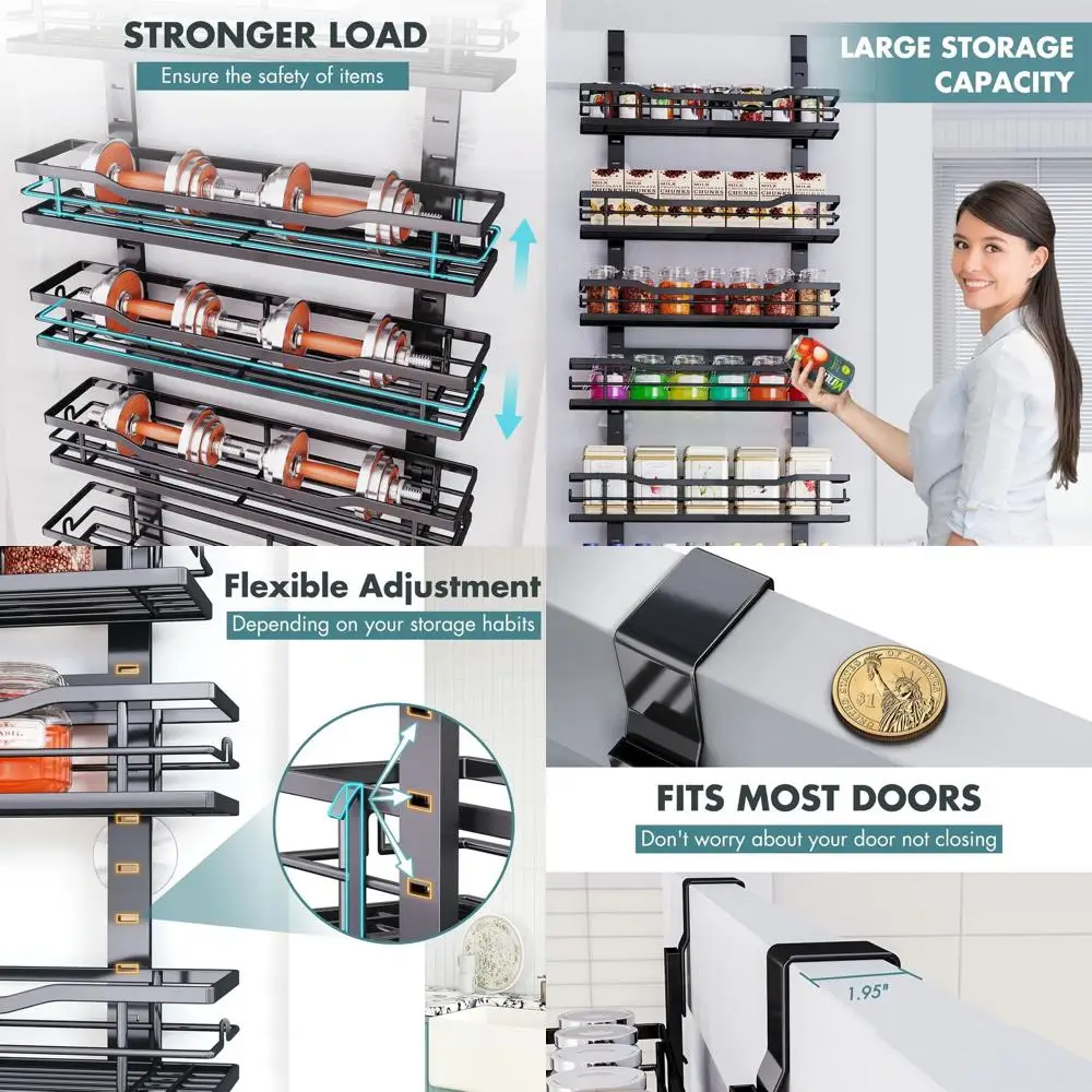 

9-Tier Adjustable Metal Door Hanging Pantry Organizer for Kitchen Storage - Black