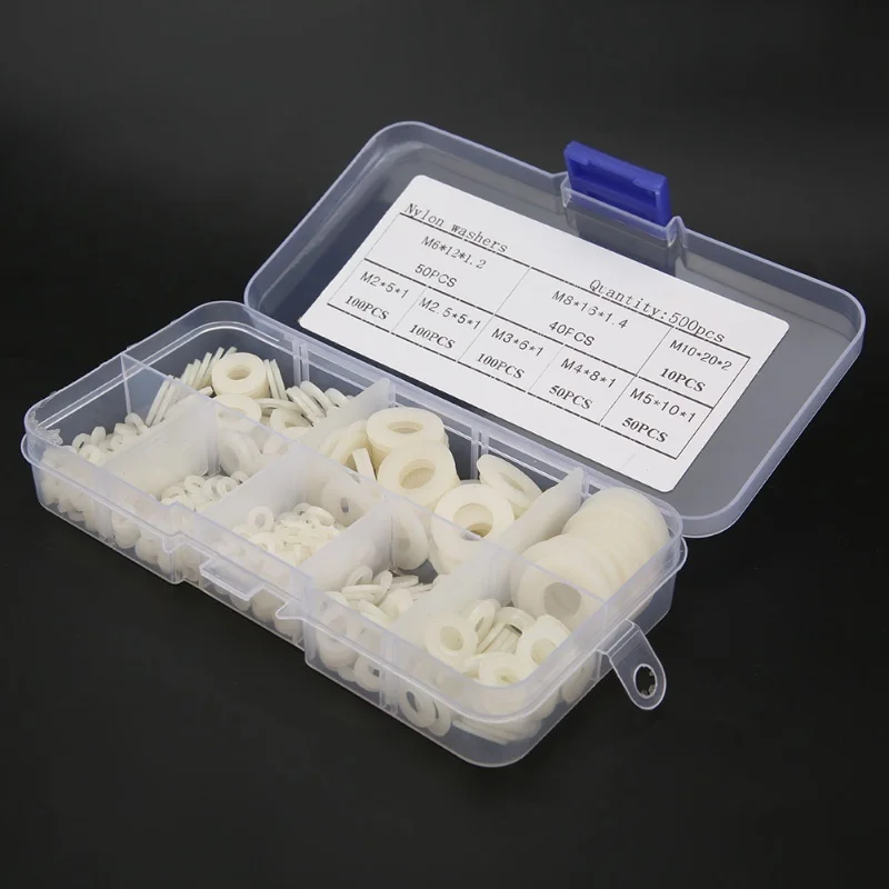 500pcs/Box Nylon Washer Set M2 M2.5 M3 M4 M5 M6 M8 M10 Hardware Fasteners AccessoriesWhite