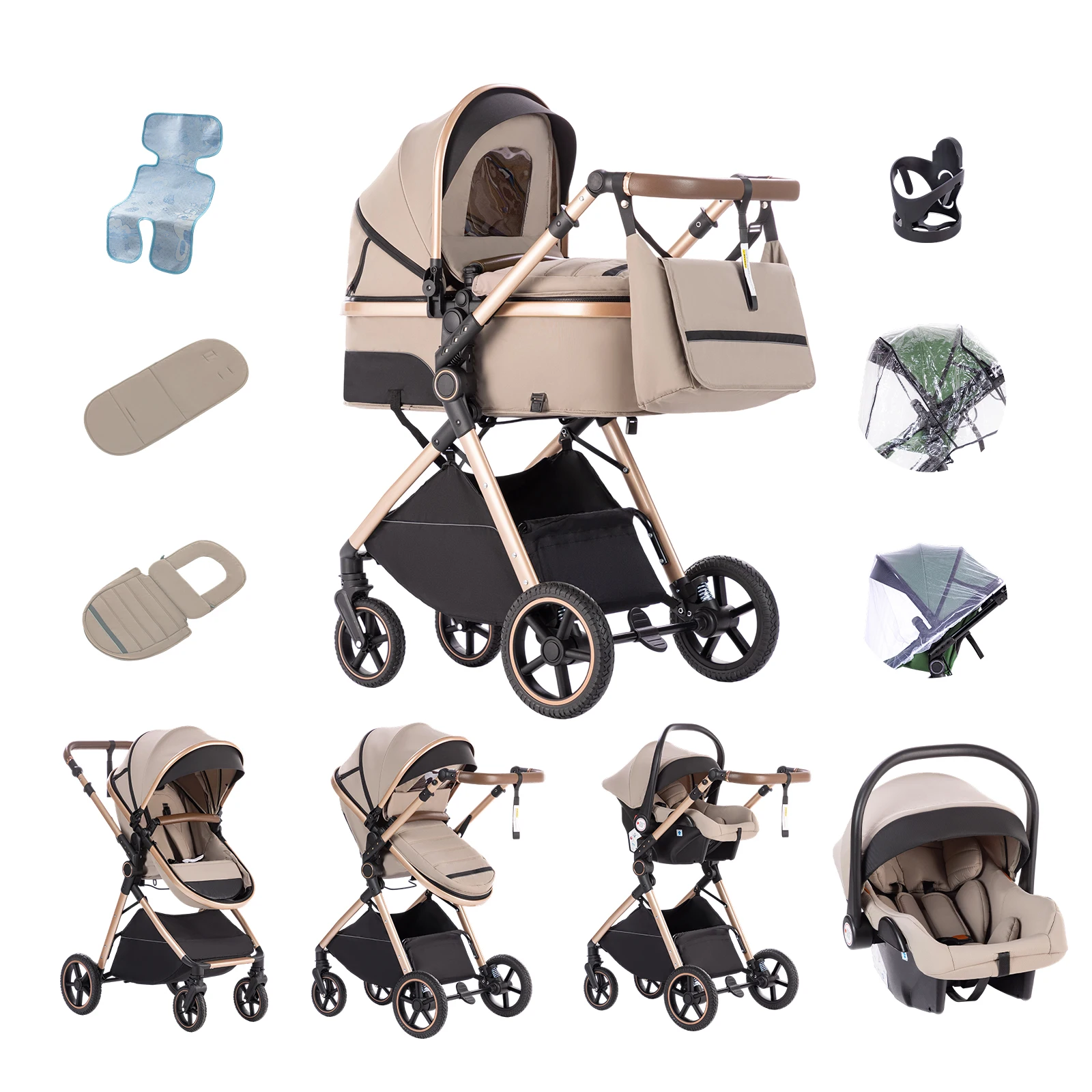Luxueuze 3-in-1 babywandelwagen, draagbare reisbuggy, opvouwbare kinderwagen, lichtgewicht kinderwagen voor pasgeborenen, om te bouwen