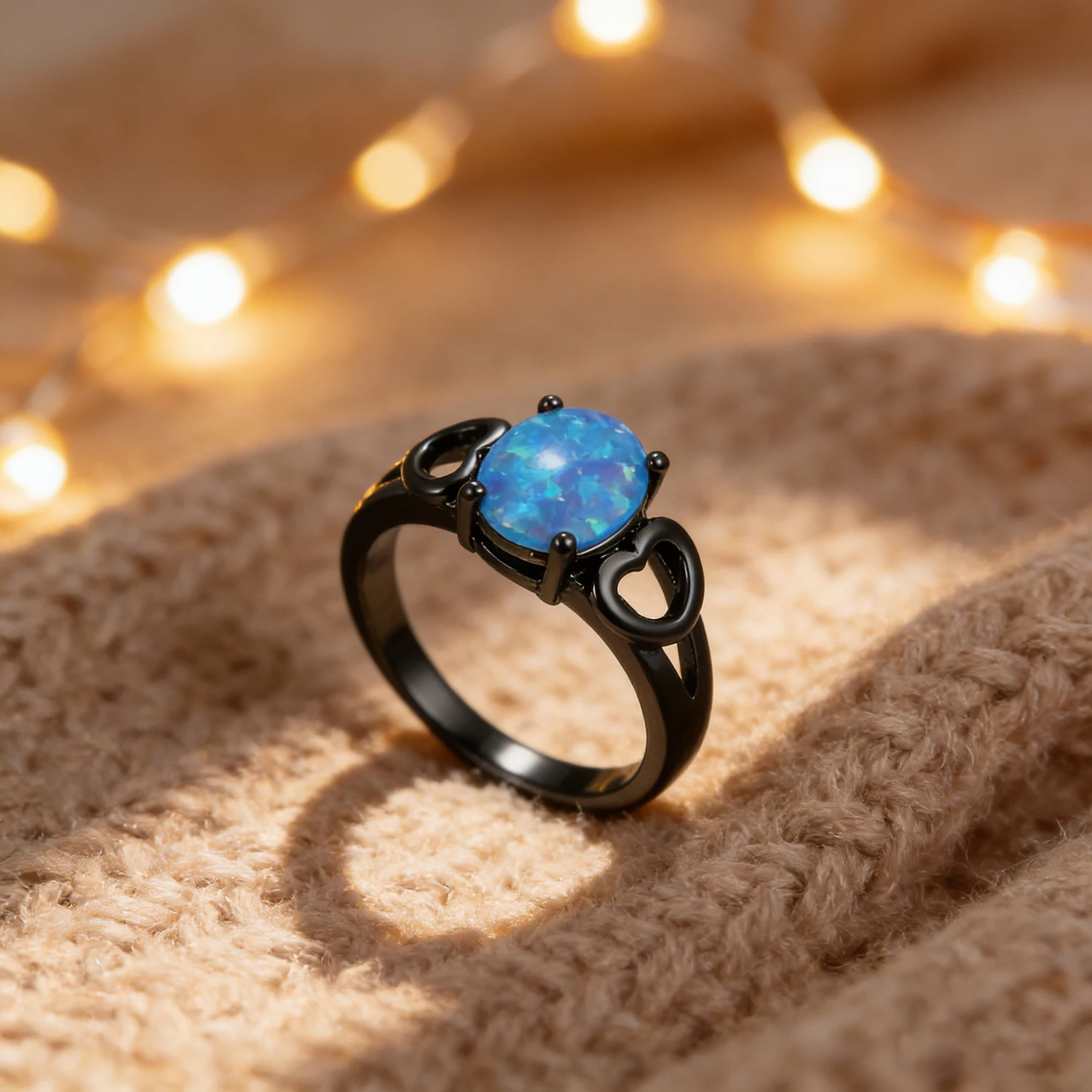 Trendy Black Heart Ring, Blue Rainbow Oval Opal Unisex Statement Ring,Punk Style Jewelry Gifts for Music Festival & Night Out