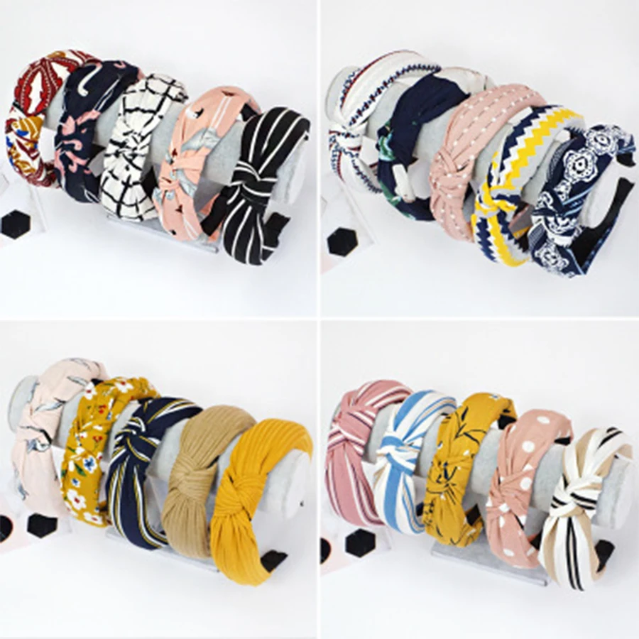 Women Elegant Top Knot Headband Print Dot Hairbands Girls Striped Plaid Flower Hair Hoop Fashion Hair Accessories FG0320