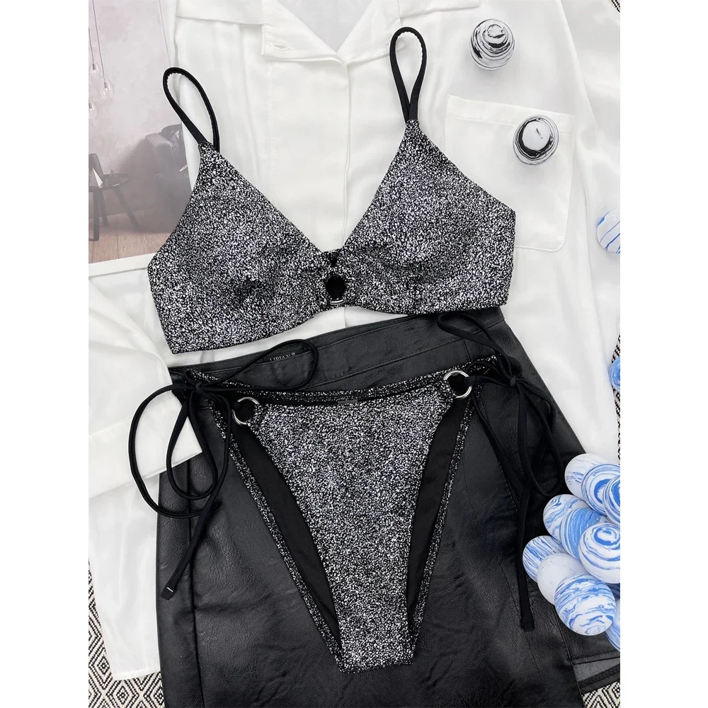 

Black Shiny Bikini 2025 Two-piece Swimsuit Women Sexy V-neck Push Up Padded Bathing Suit Low Waist Backless Beach Swimwear
