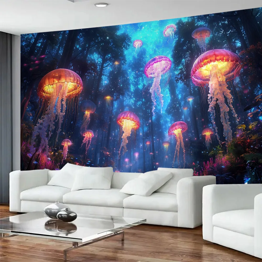 Cartoon jellyfish art tapestry, dreamy landscape background poster, home decoration, fabric murals, beach sheets, picnic mats